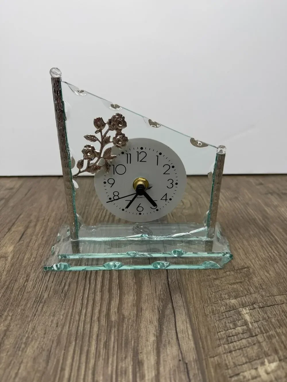 VTG Diffusione Murano Glass Table Clock Irregularly shaped Pane Silver Rose